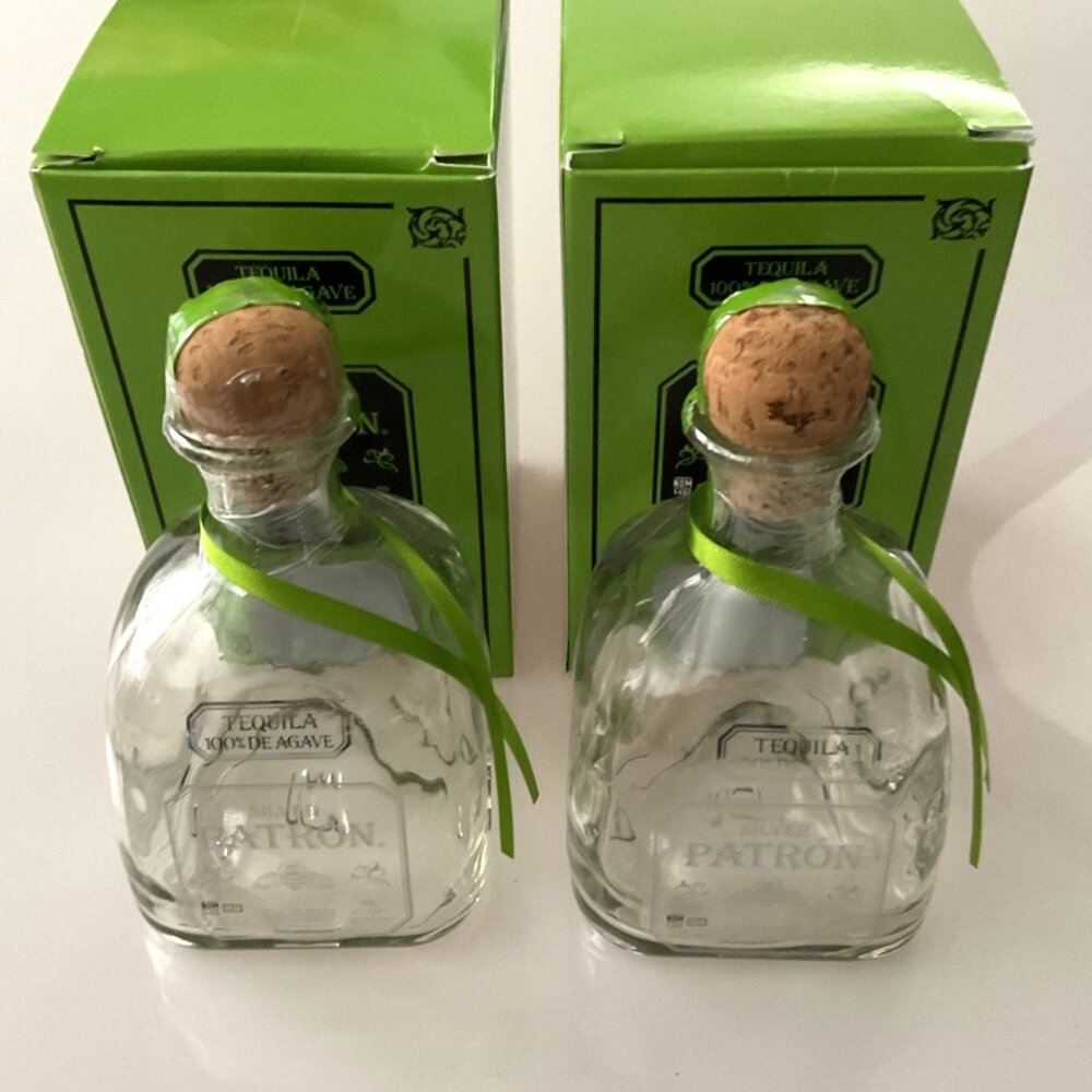 2 PATRON SILVER TEQUILA BOTTLES WITH BOX 375 ML SET GLASS